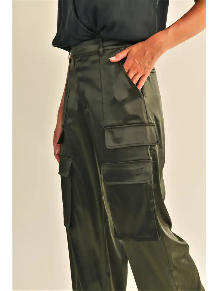 Olive Satin Cargo Pant