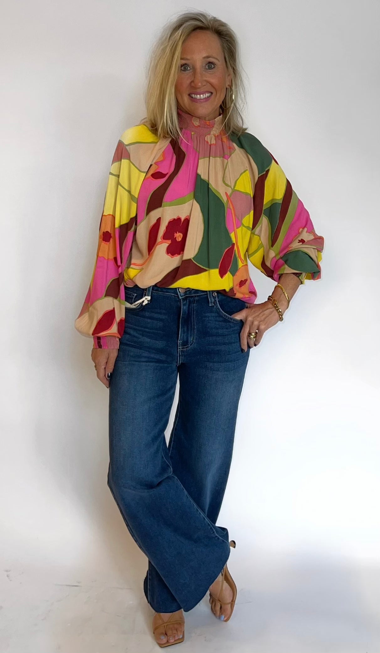 Mock Neck Printed Blouse