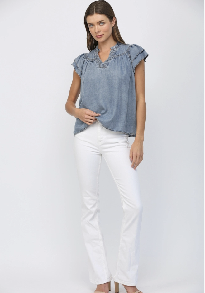 Split V-Neck Denim Top