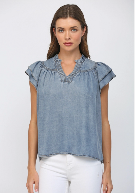 Split V-Neck Denim Top