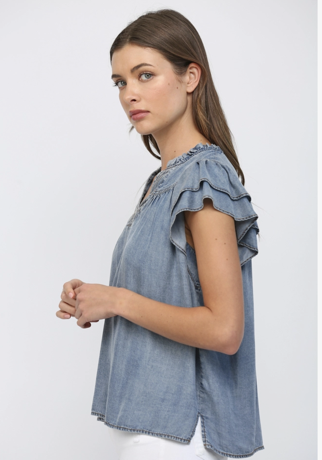 Split V-Neck Denim Top