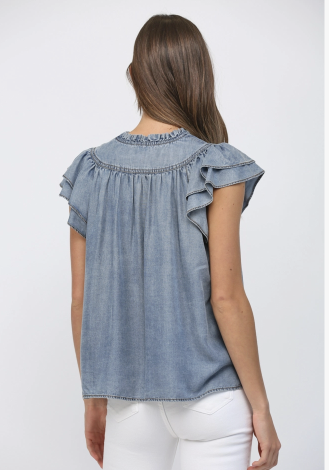Split V-Neck Denim Top