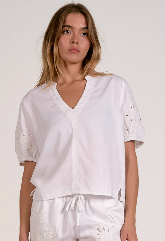White Embroidered Sleeve Top