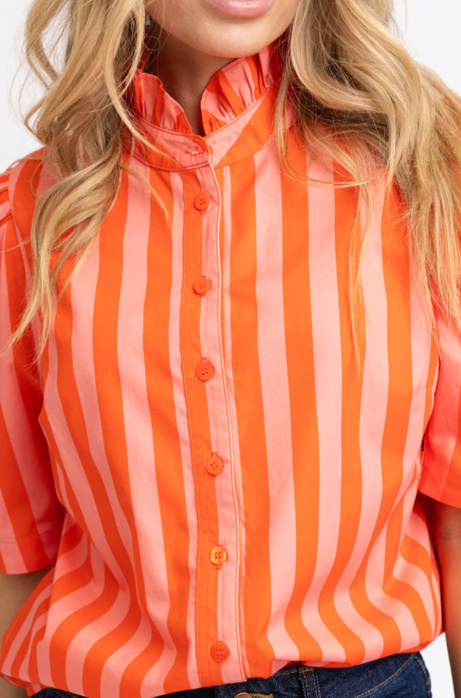 Stripe Button Down Ruffle Neck