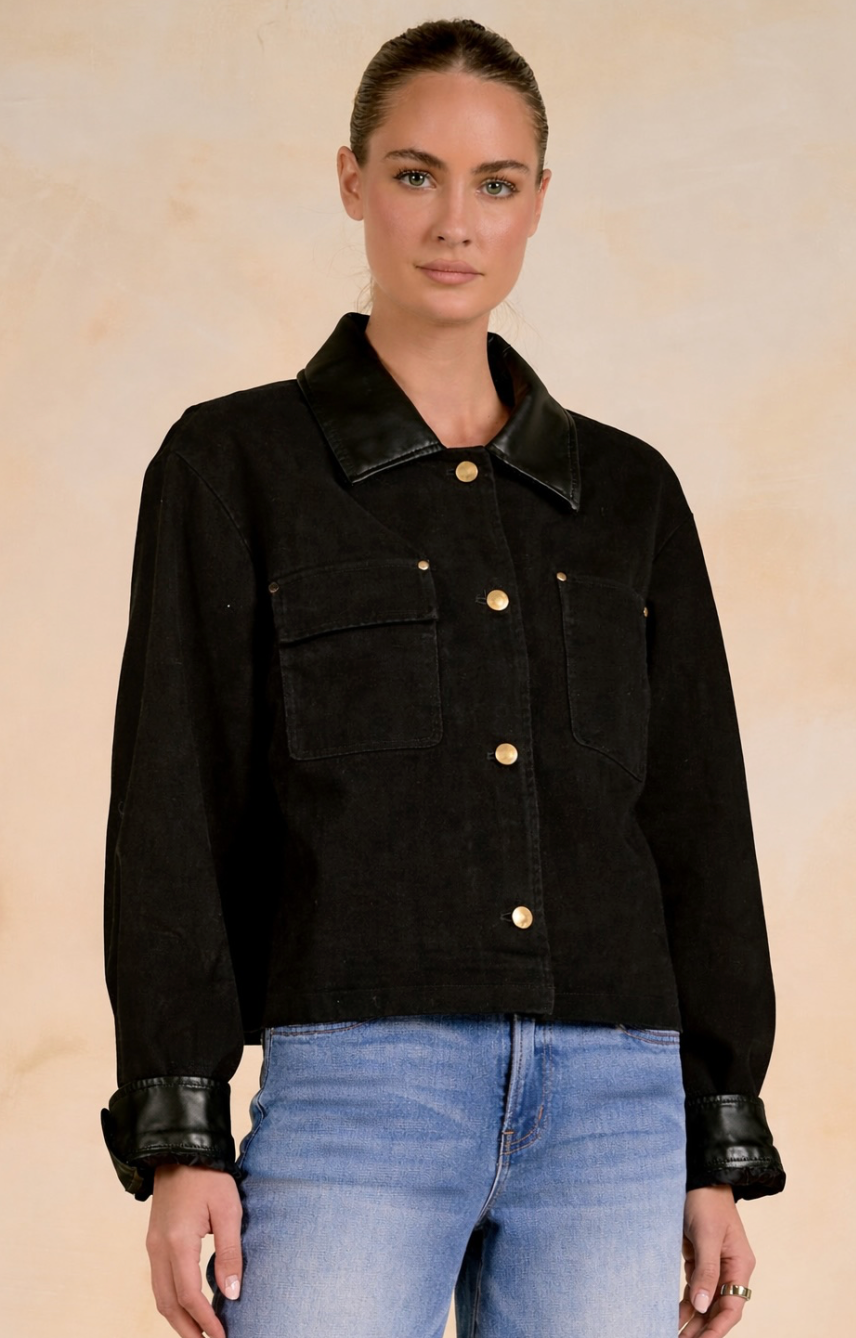 Black Denim Jacket Leather Accent