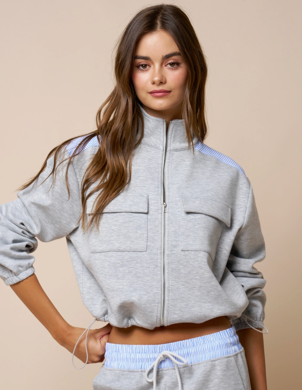 Color Block Zip-Up Mock Neck Sweatshirt