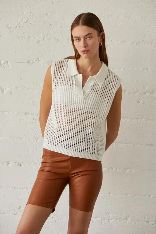 Kennedy Collared Sweater Vest Top (Ivory)
