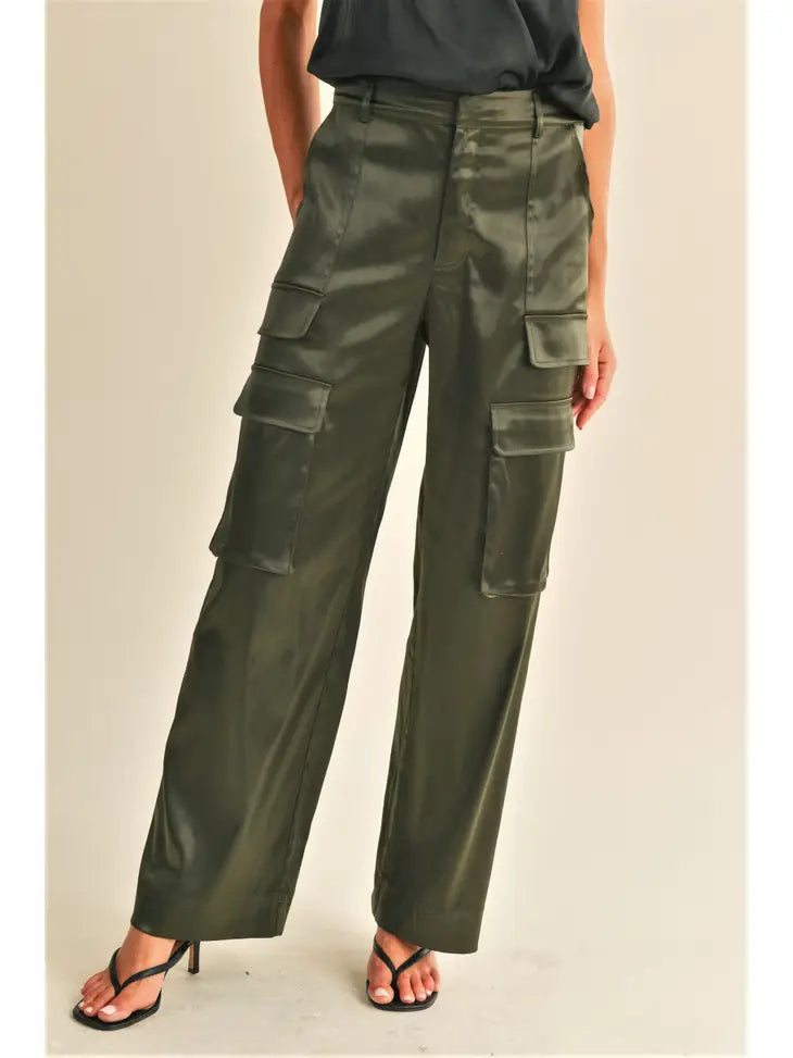 Olive Satin Cargo Pant