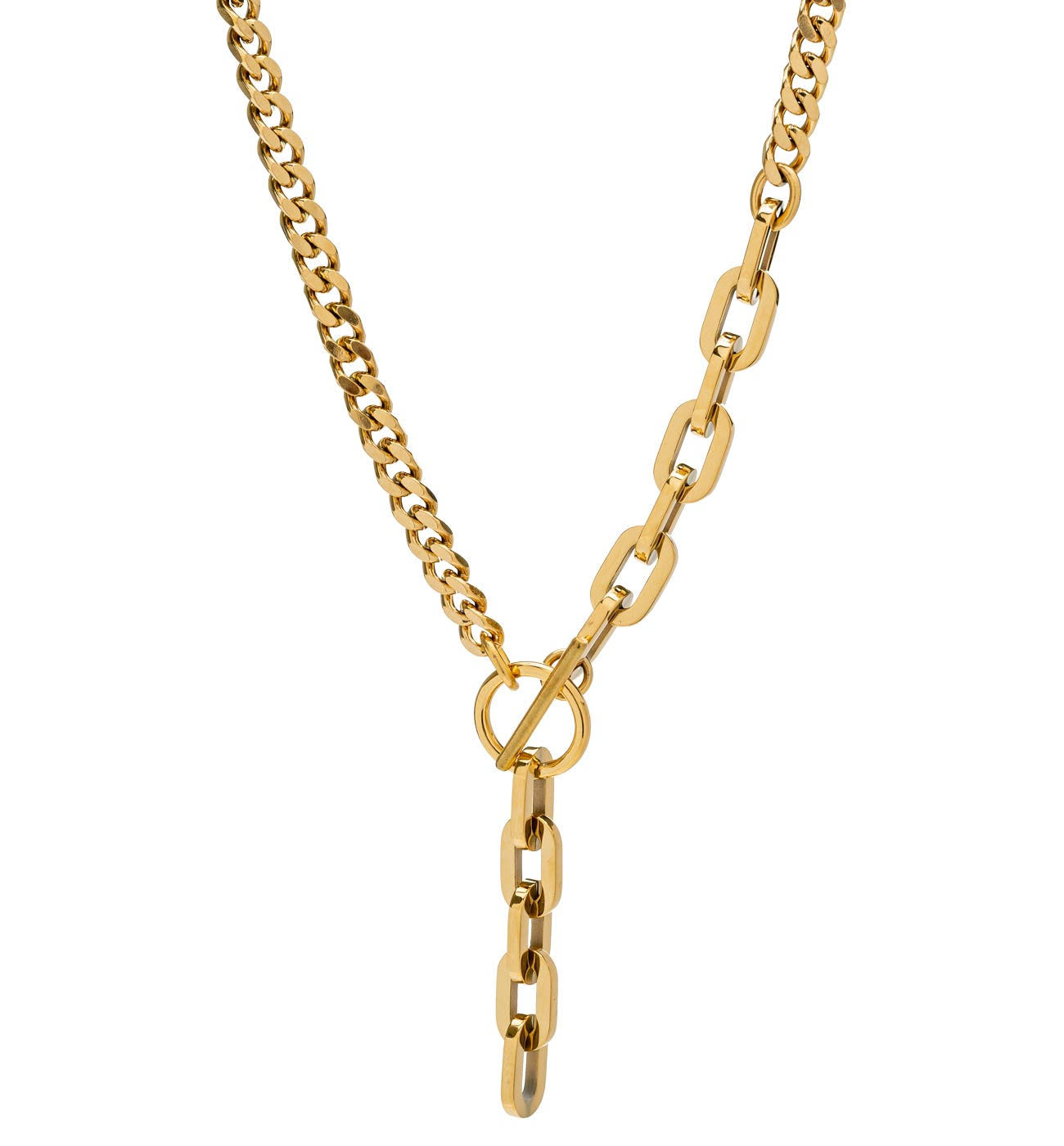 gold lariat necklace. Water and tarnish resistant
